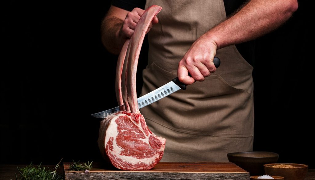 a scene of cutting ribs at butcher shop