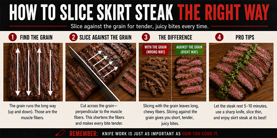 Infographic on slicing skirt steak: find the grain, slice against the grain, compare the texture left vs right, with pro tips for tender slices.