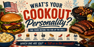 Banner reading 'What’s your cookout personality?' with a giant burger on the left, grill items on the right, and fireworks above.