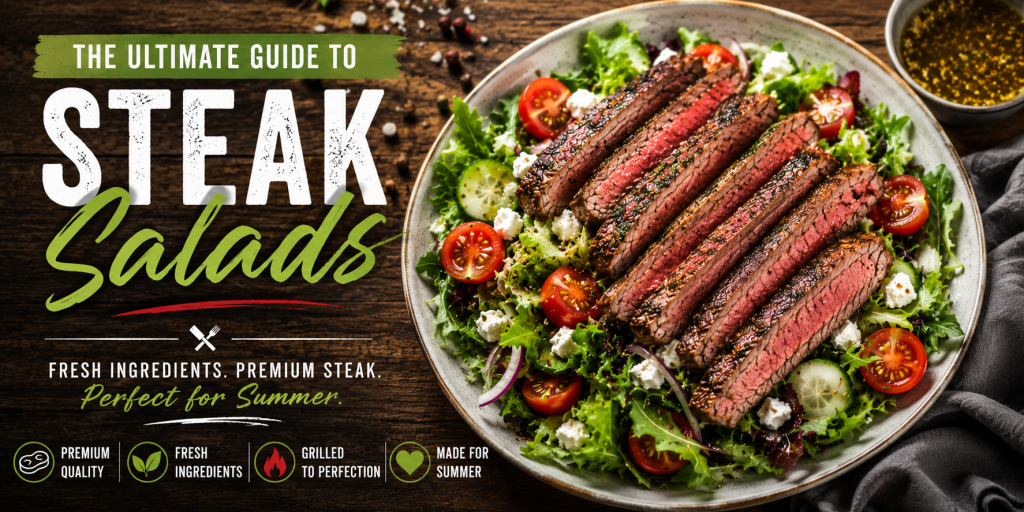 Promotional banner showing sliced grilled steak on a leafy salad with tomatoes, cucumbers, and feta on a rustic wooden background.