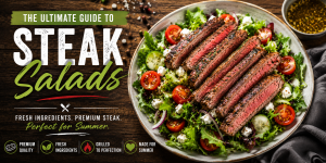 Promotional banner showing sliced grilled steak on a leafy salad with tomatoes, cucumbers, and feta on a rustic wooden background.