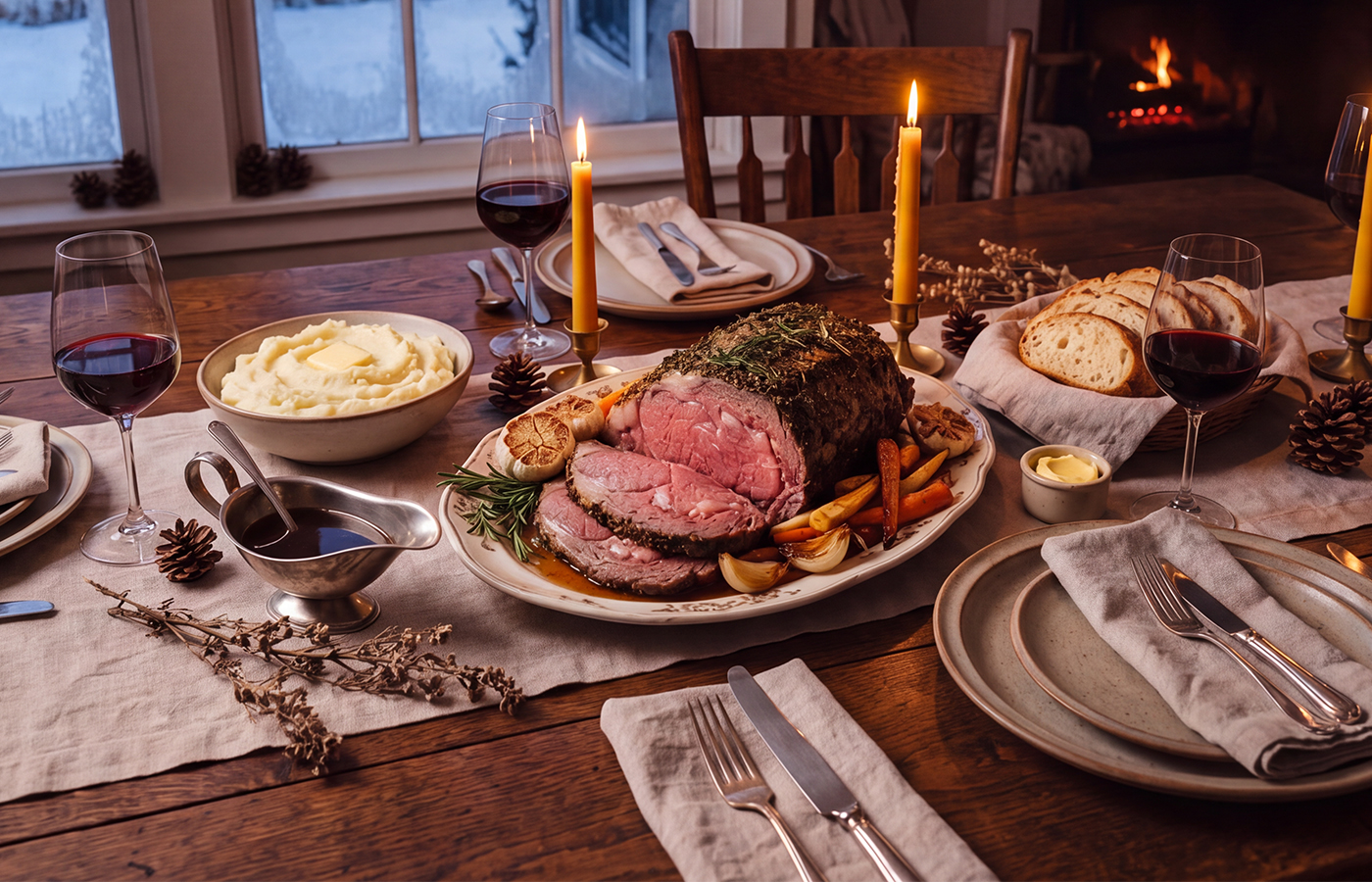 Sliced beef roast with vegetables and sides on a candlelit dinner table